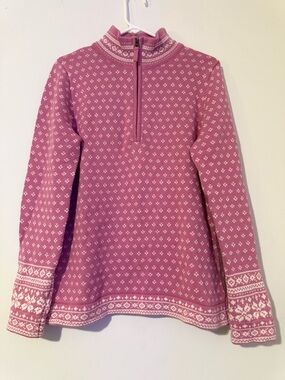 Vintage L.L. Bean Pink & White Fair Isle Patterned Quarter Zip Knit Sweater